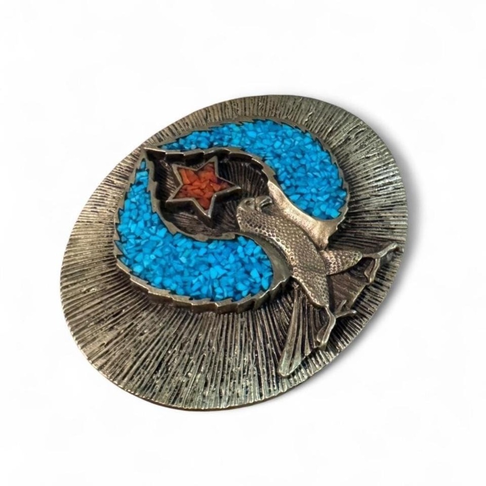Vintage American Indian Eagle or Phoenix Bird Star Brass & Turquoise Belt Buckle - Picture 5 of 8